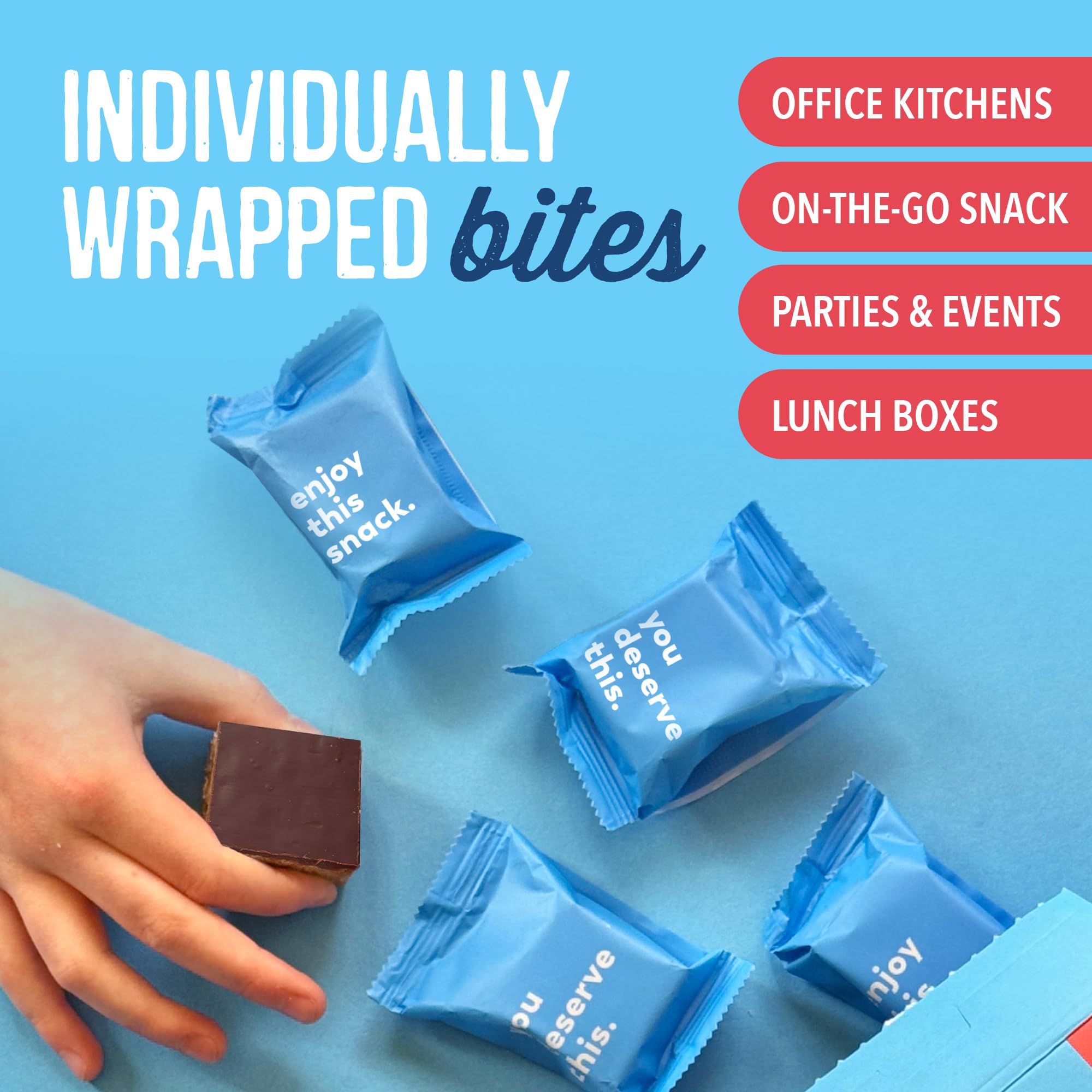 For Noshers Only Peanut Butter Bites box of 8 on kitchen counter.