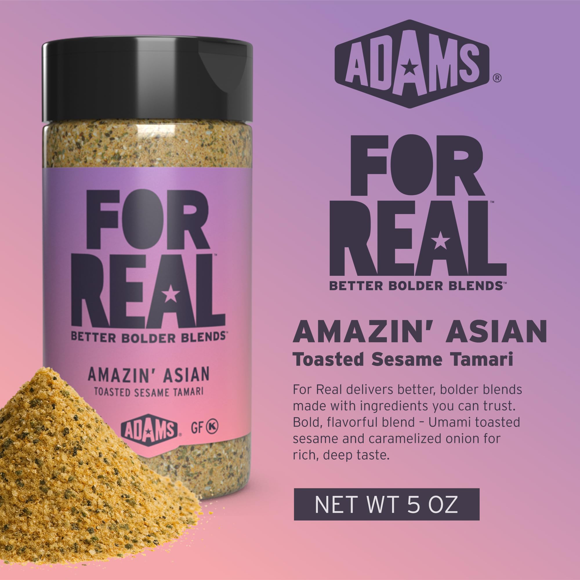 FOR REAL Amazin' Asian Seasoning stir-fry pan close-up adds savory umami to vegetables.