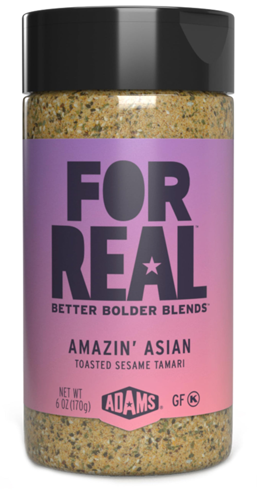 FOR REAL Amazin' Asian Seasoning bottle close-up with toasted sesame and tamari flavor boost for meats.