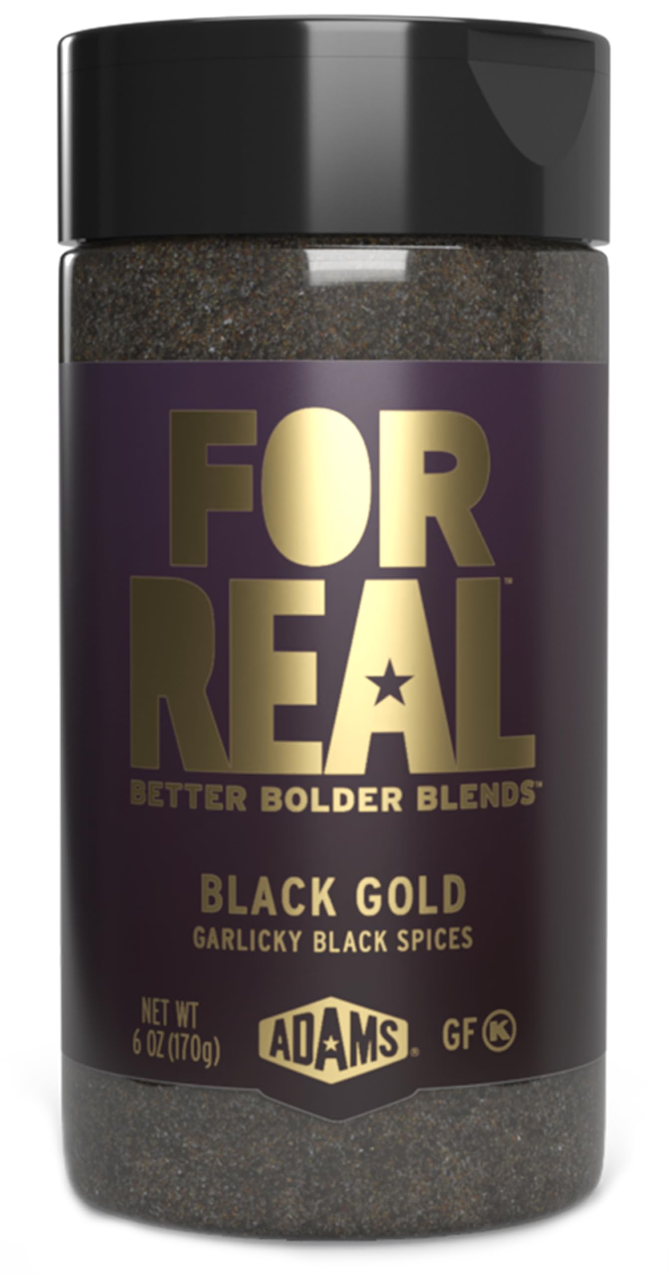 FOR REAL Black Gold Seasoning bottle pour highlights garlicky umami for meats and veggies