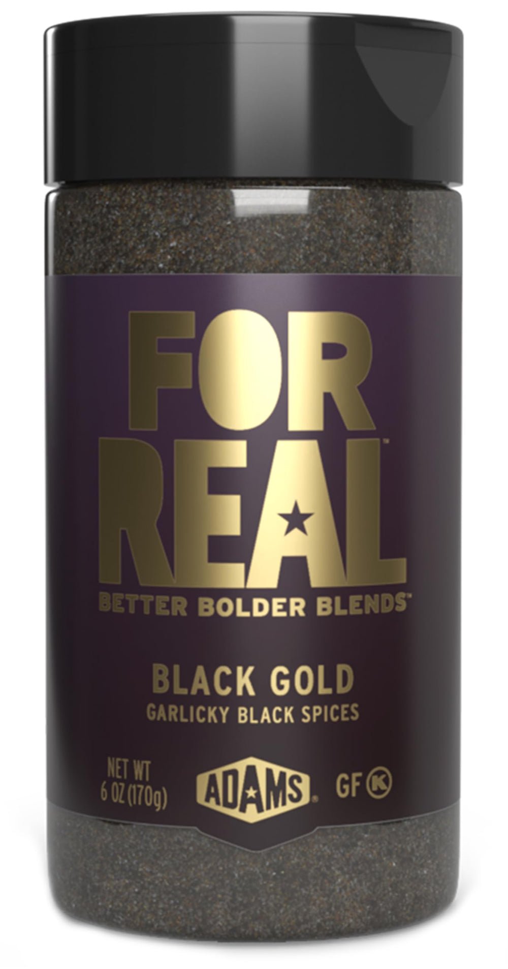 FOR REAL Black Gold Seasoning bottle pour highlights garlicky umami for meats and veggies