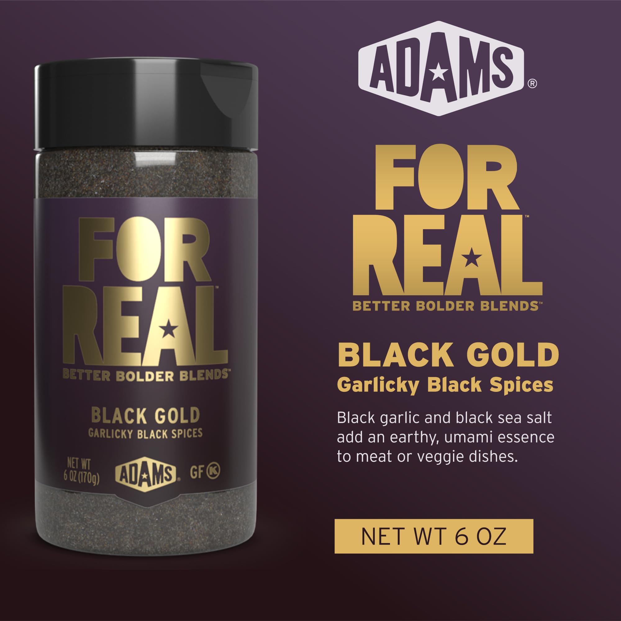 FOR REAL Black Gold Seasoning ingredients closeup shows gluten-free, no MSG blend