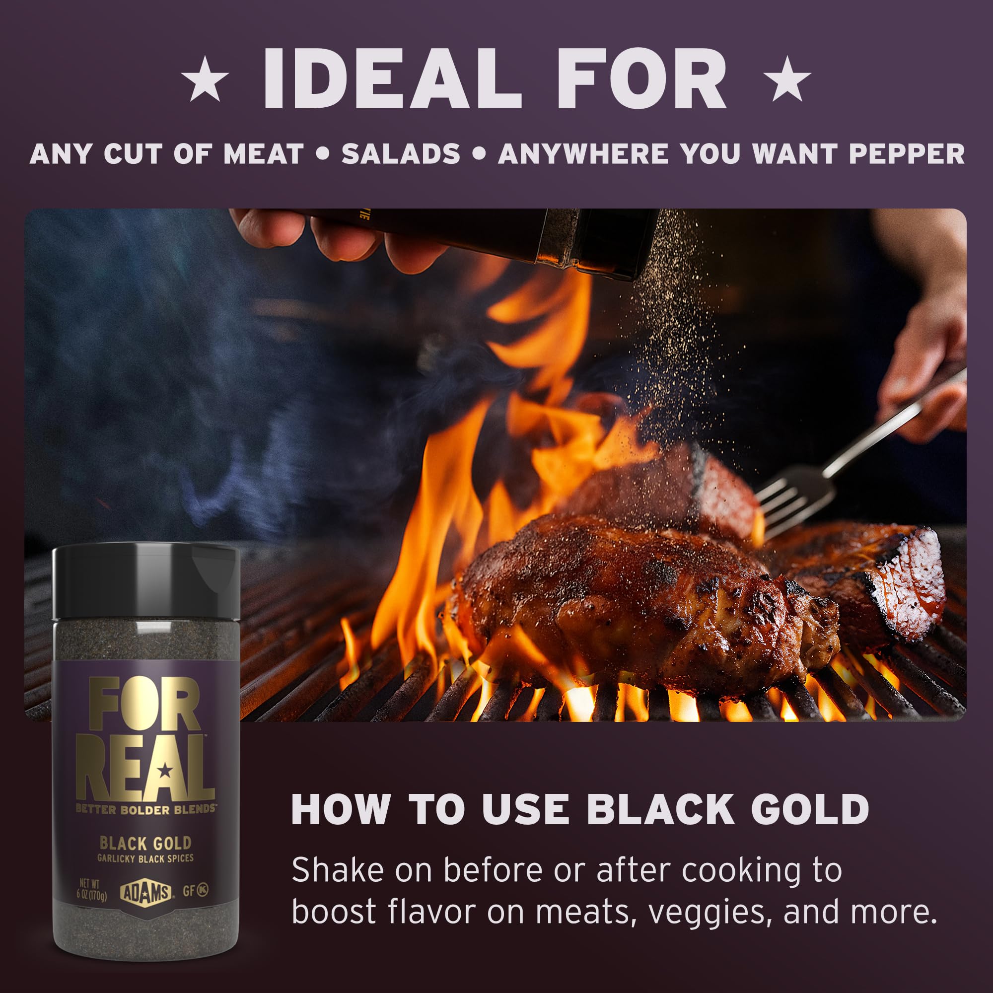 FOR REAL Black Gold Seasoning jar label conveys premium kosher seasoning