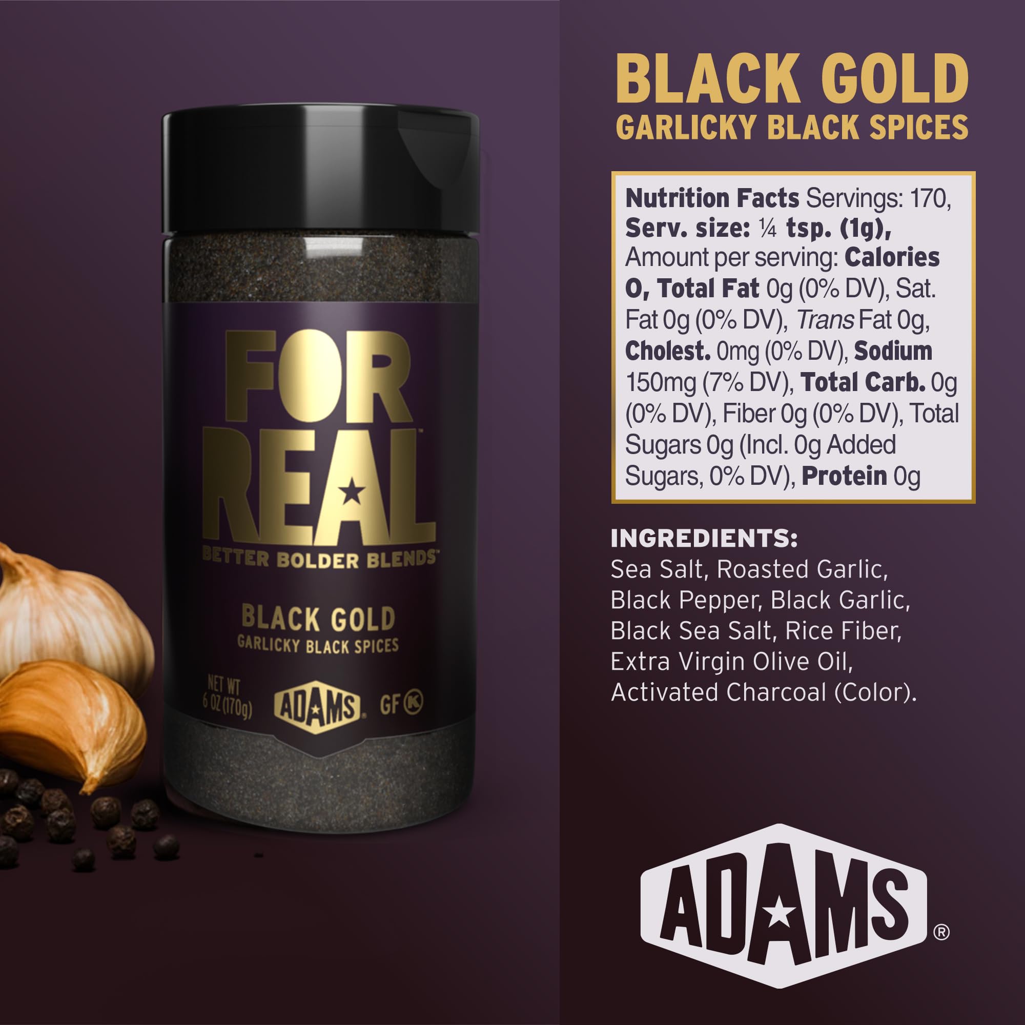 FOR REAL Black Gold Seasoning shaker dusting adds peppery crust to steak and veggies