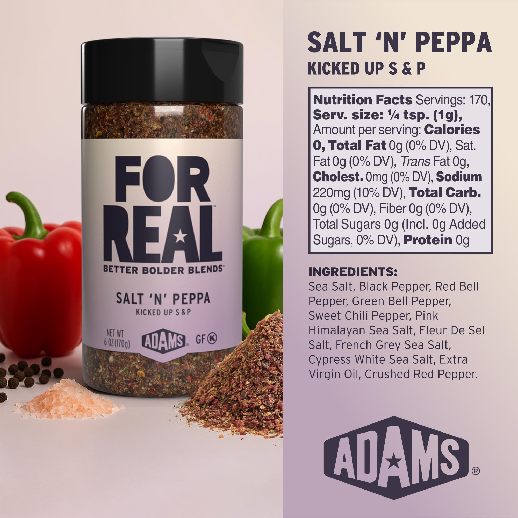 FOR REAL Salt 'N' Peppa jar label showcases clean ingredients for everyday meals