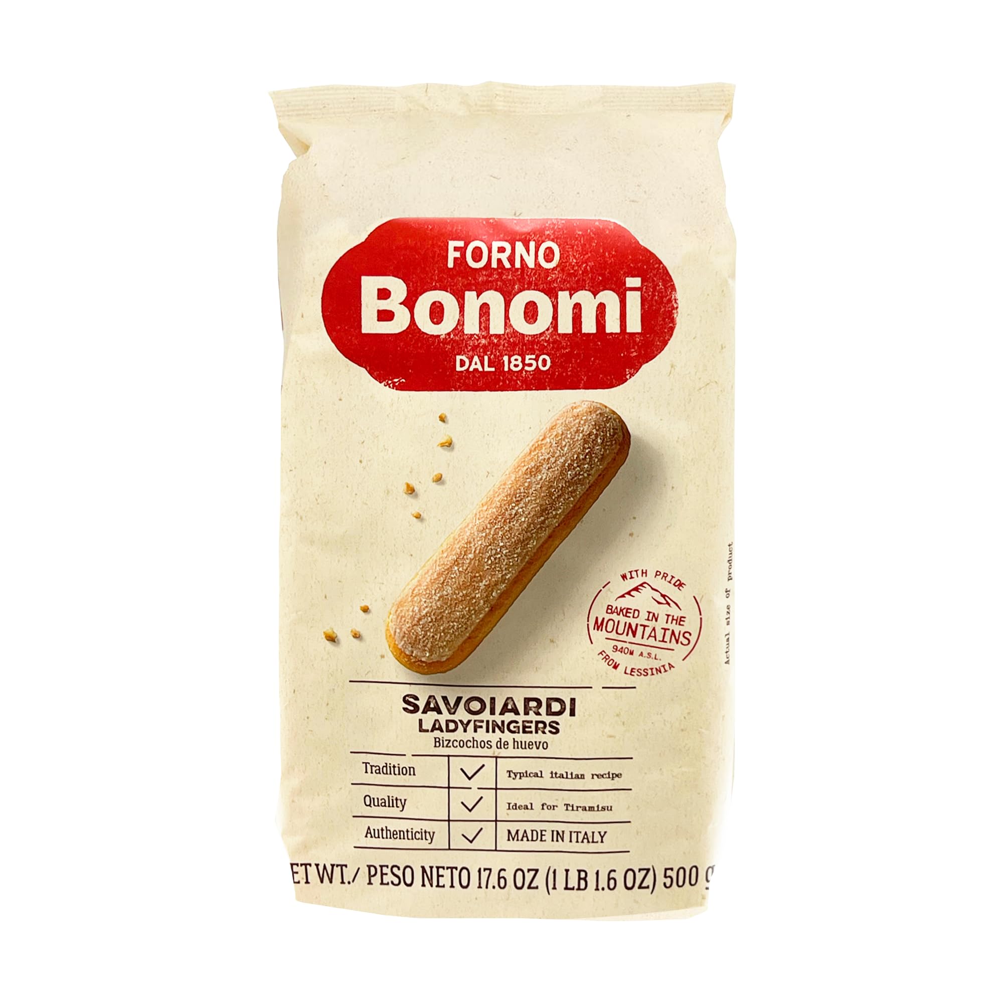 Forno Bonomi Savoiardi Ladyfingers package, ideal for tiramisu and coffee pairing