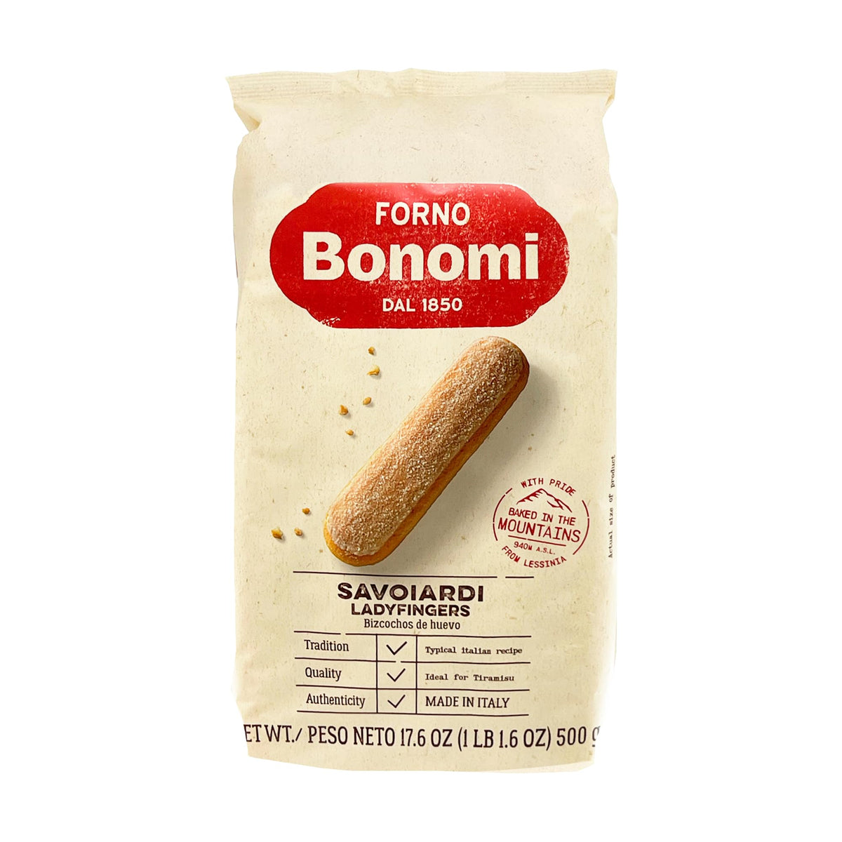 Forno Bonomi Savoiardi Ladyfingers package, ideal for tiramisu and coffee pairing