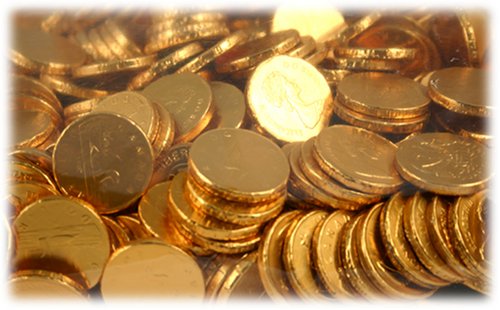 Close-up of Fort Knox Gold Chocolate Coins—great for treasure hunts and desserts