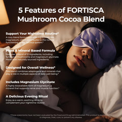 Fortisca Mushroom Hot Cocoa packaging on shelf highlighting the 12-ingredient blend