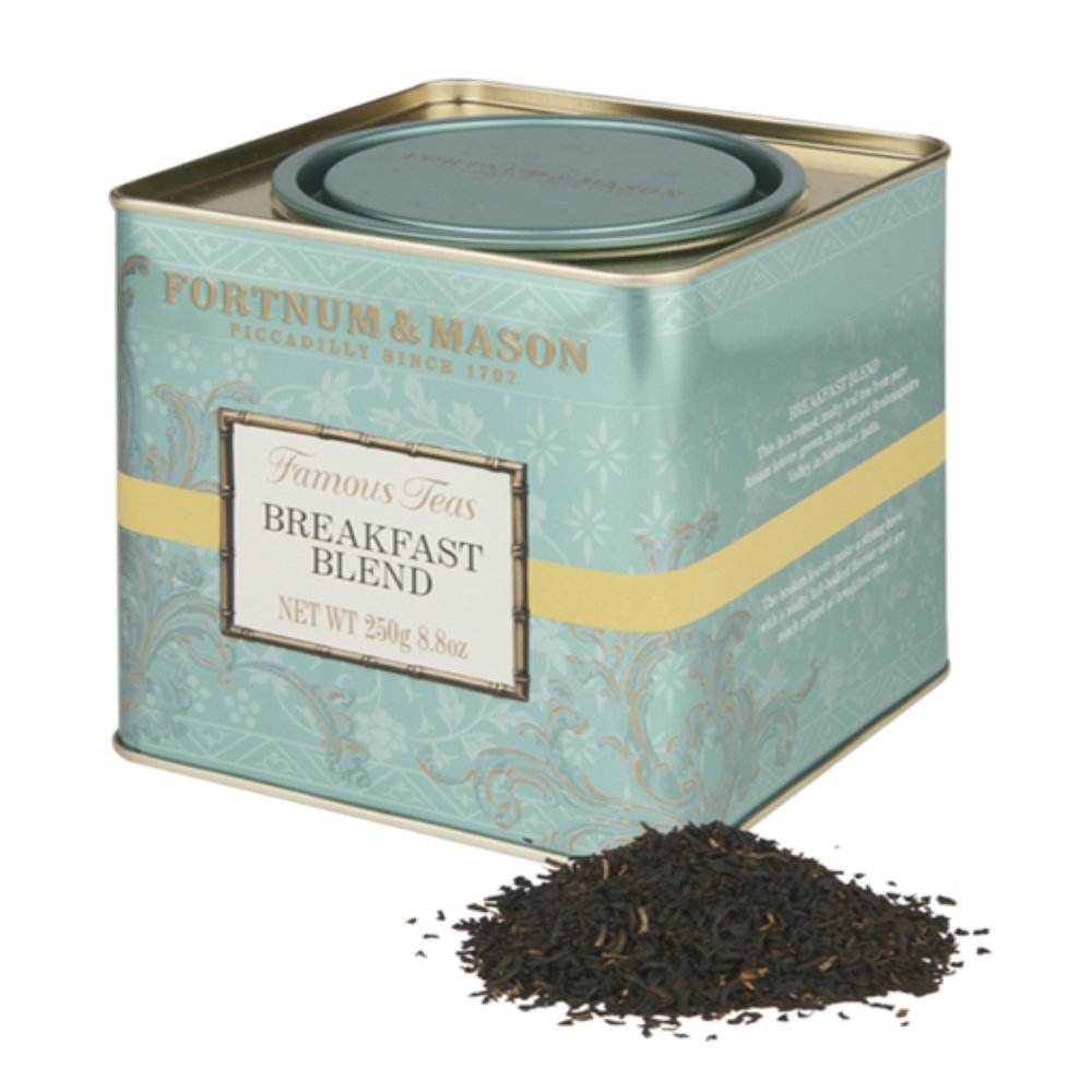 Fortnum & Mason Breakfast Blend tea tin with warm lighting, ideal for a refined morning ritual.