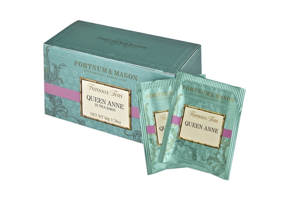 Fortnum & Mason Queen Anne Blend tea bags box delivers bold, smooth flavor for daily refreshment.