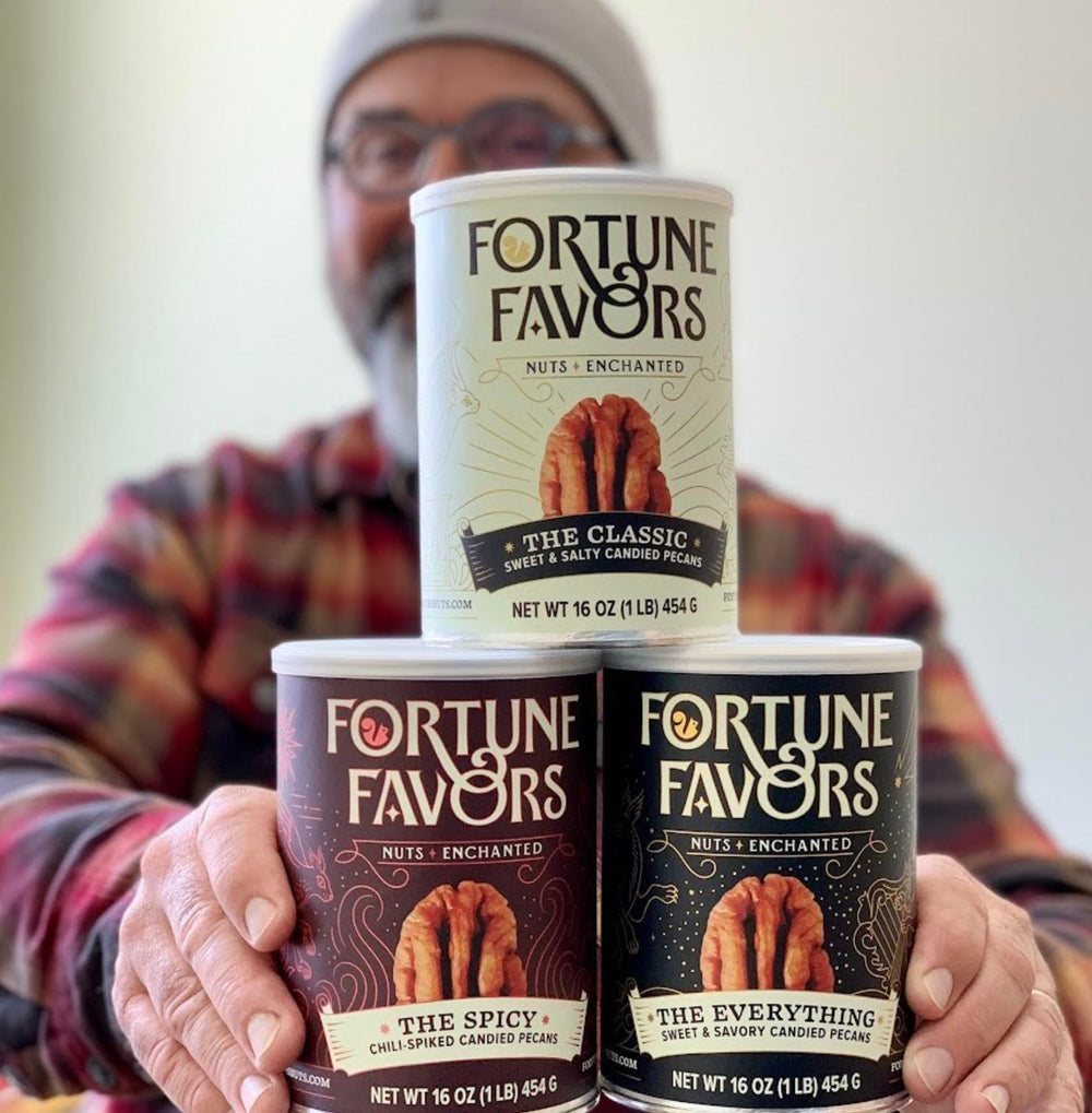 Fortune Favors Candied Pecans gift packaging image.