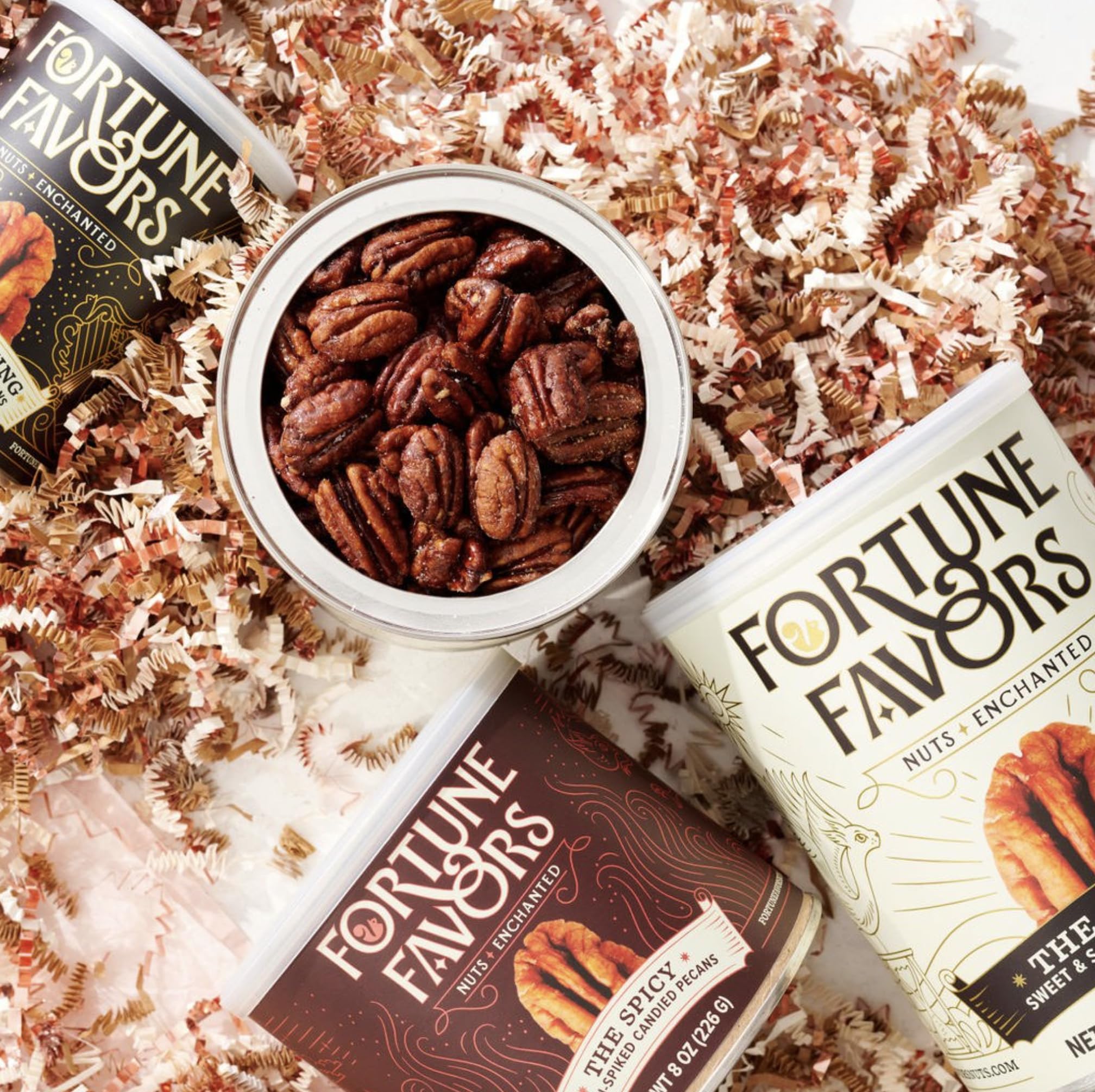 Fortune Favors Candied Pecans USA-grown pecans close-up.
