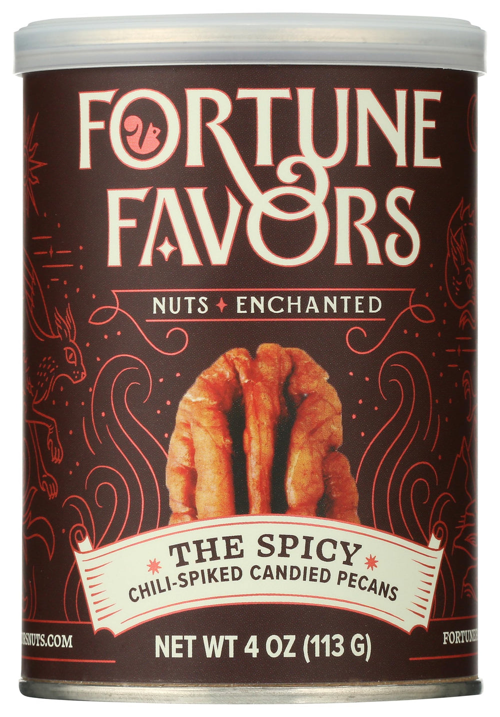 Fortune Favors spicy candied pecans in a bowl, bold snack with balanced heat