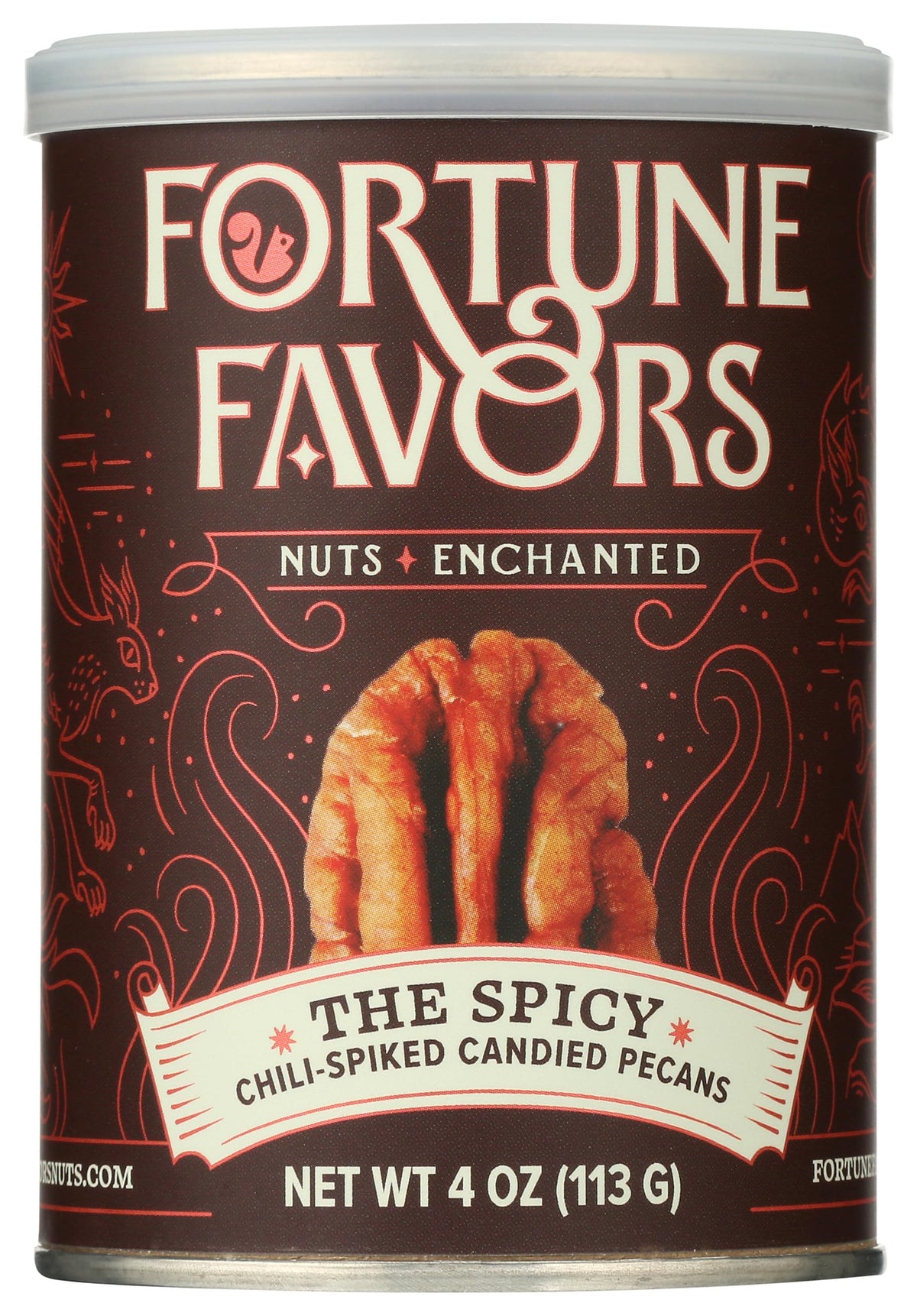 Fortune Favors spicy candied pecans in a bowl, bold snack with balanced heat