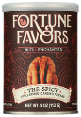 Fortune Favors spicy candied pecans in a bowl, bold snack with balanced heat