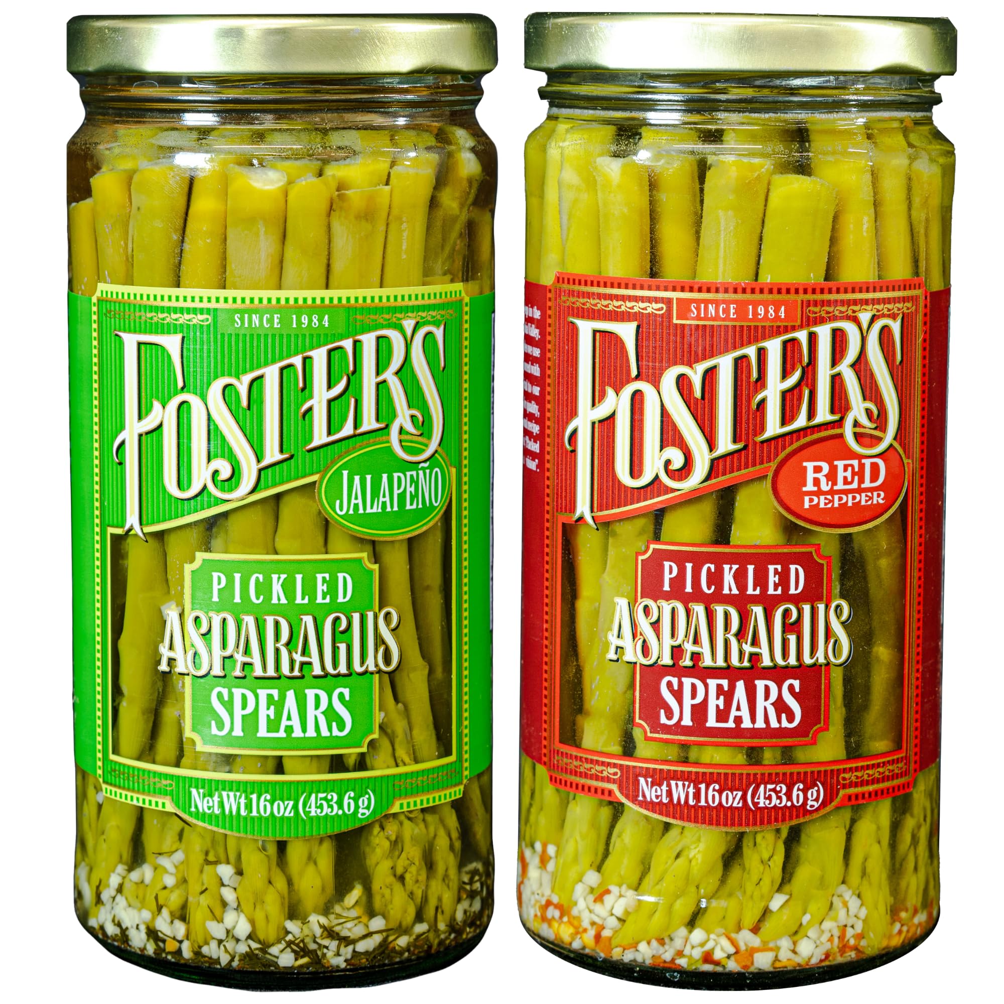 Foster's hot pickled asparagus jar jalapeño closeup, bold snacking option