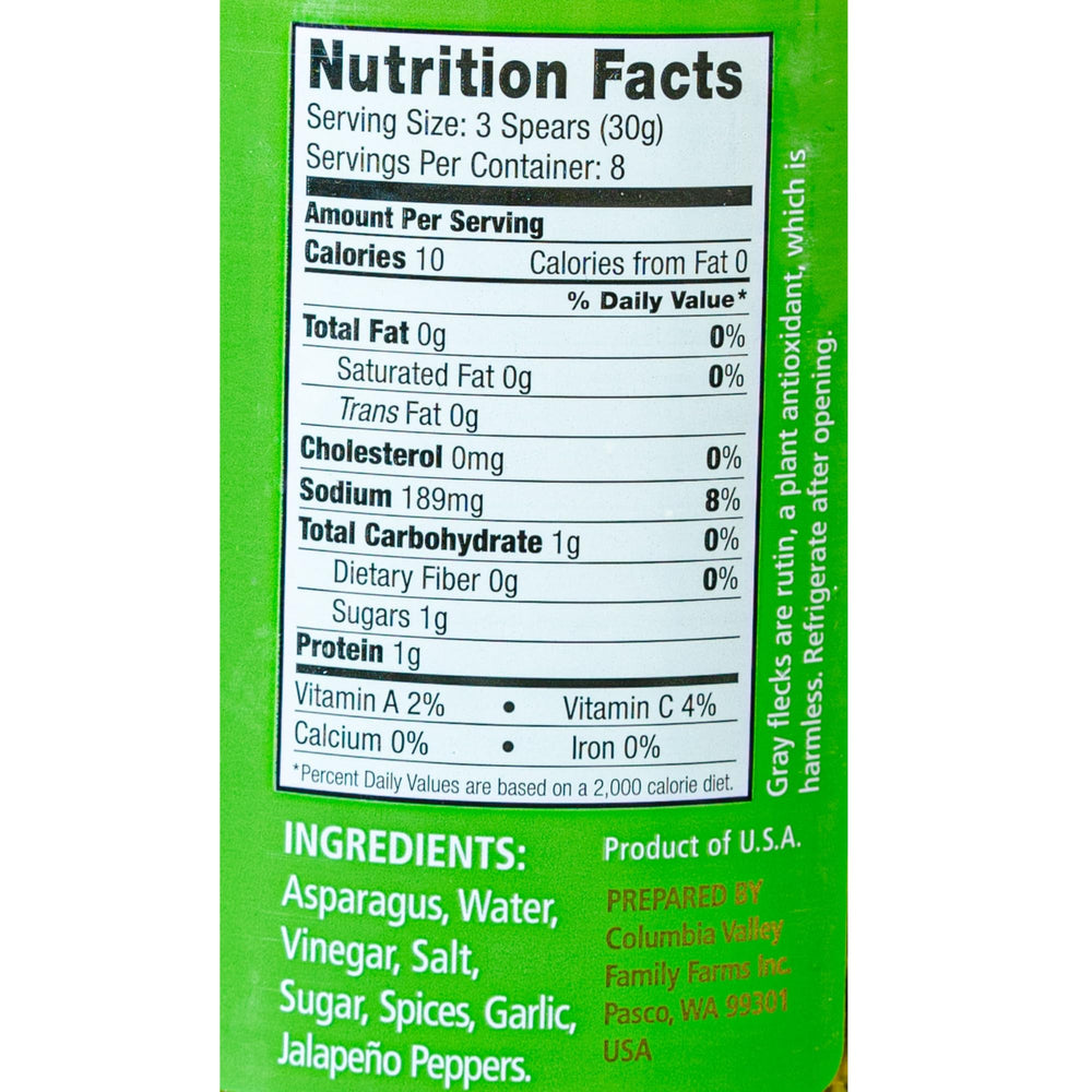 Foster's hot pickled asparagus jar red pepper label closeup, vibrant heat