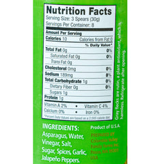 Foster's hot pickled asparagus jar red pepper label closeup, vibrant heat