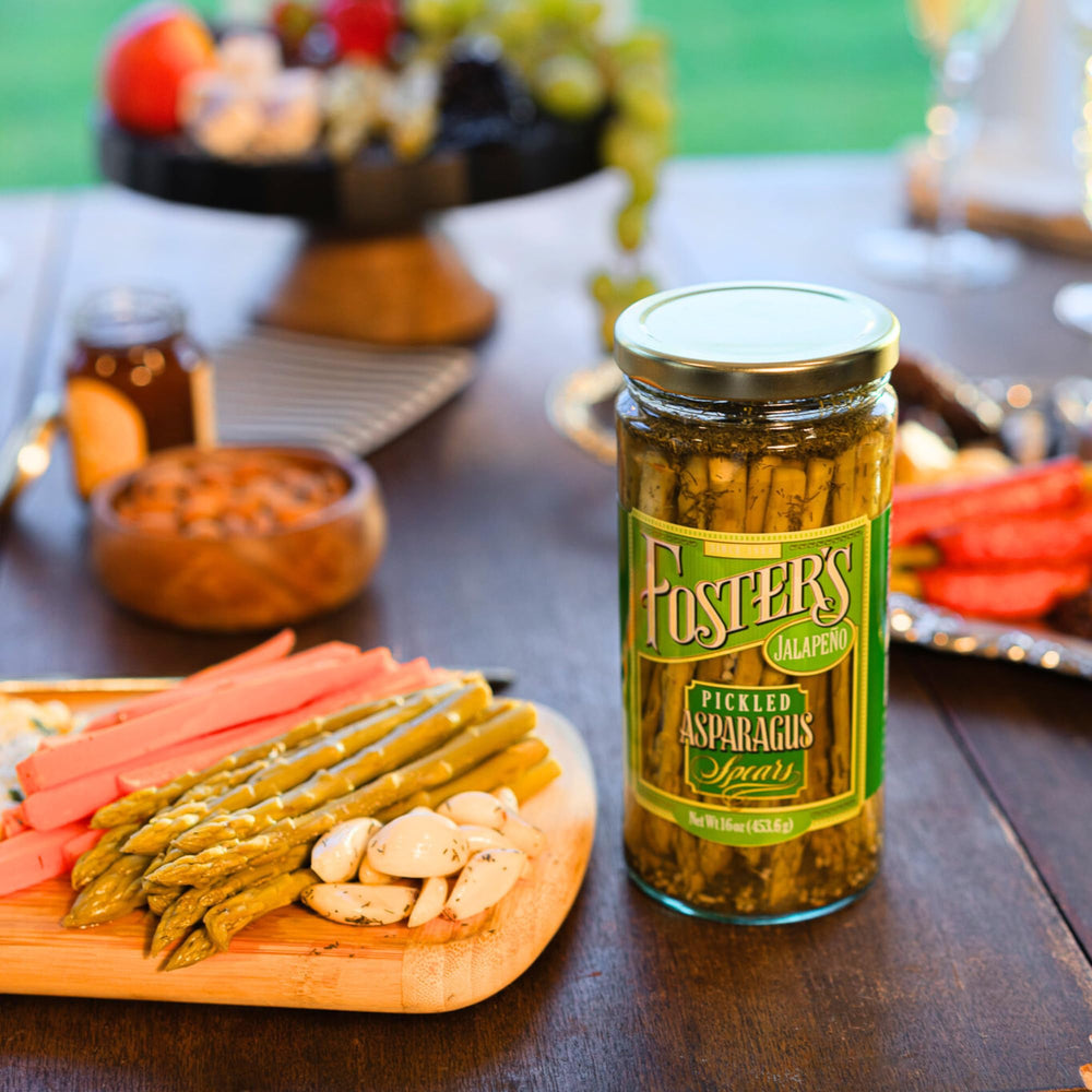 Closeup of spice burst in Foster's pickle jar with jalapeño flavor