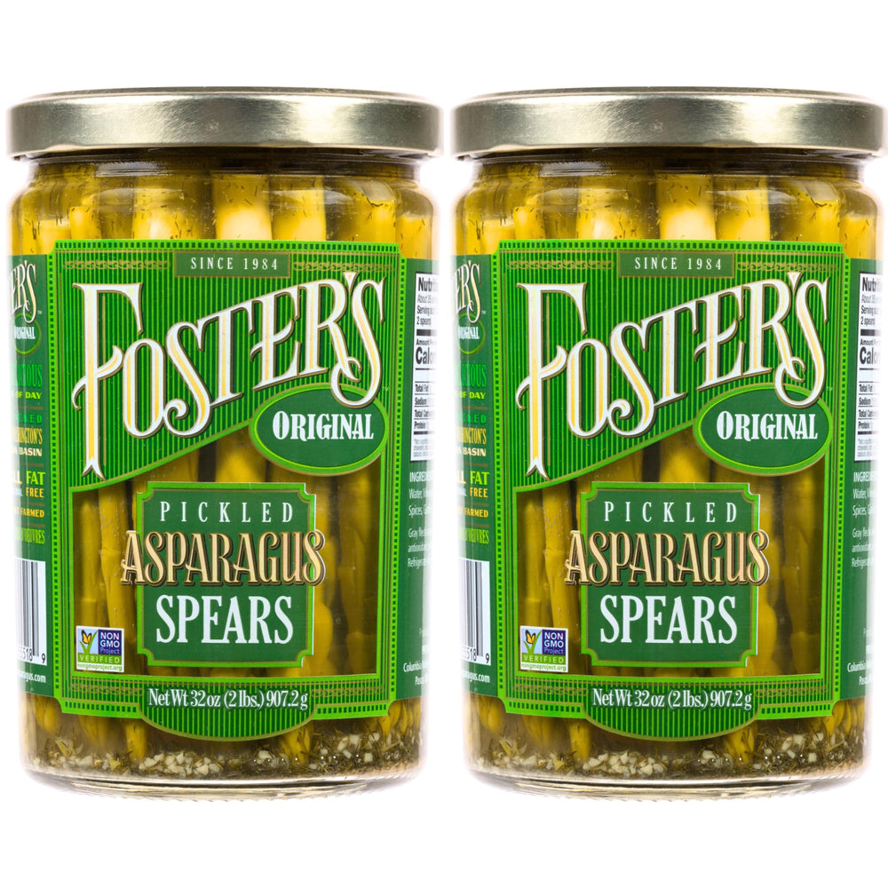 Foster's Pickled Asparagus Spears in a Jar show original flavor, ideal for appetizers.