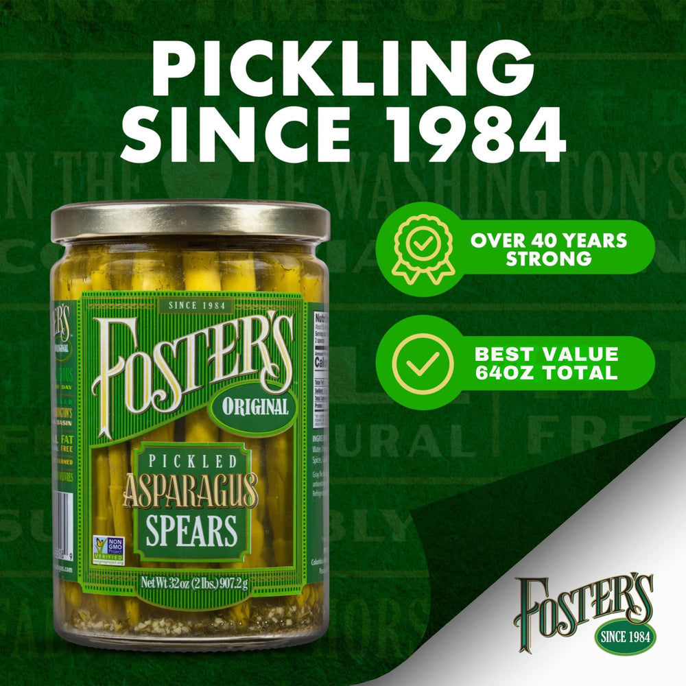 Foster's pickled asparagus jar with garnish suggests party-ready bites.