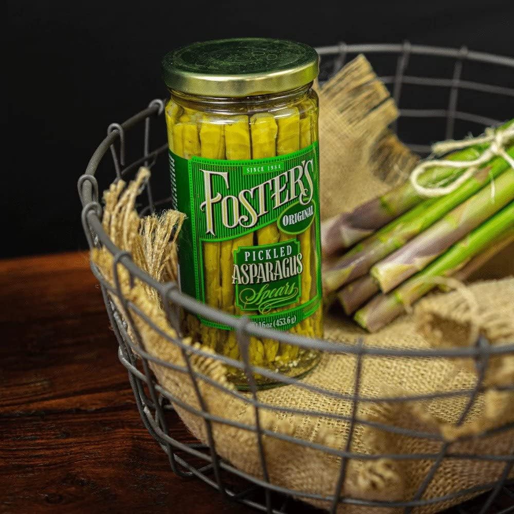 Foster's Pickled Asparagus Spears served in a bowl as an appetizer