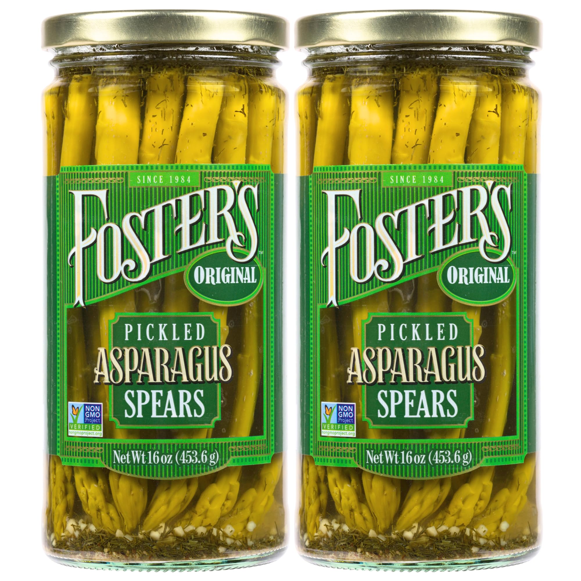 Foster's Pickled Asparagus Spears in a jar, gluten-free, low-calorie snack option