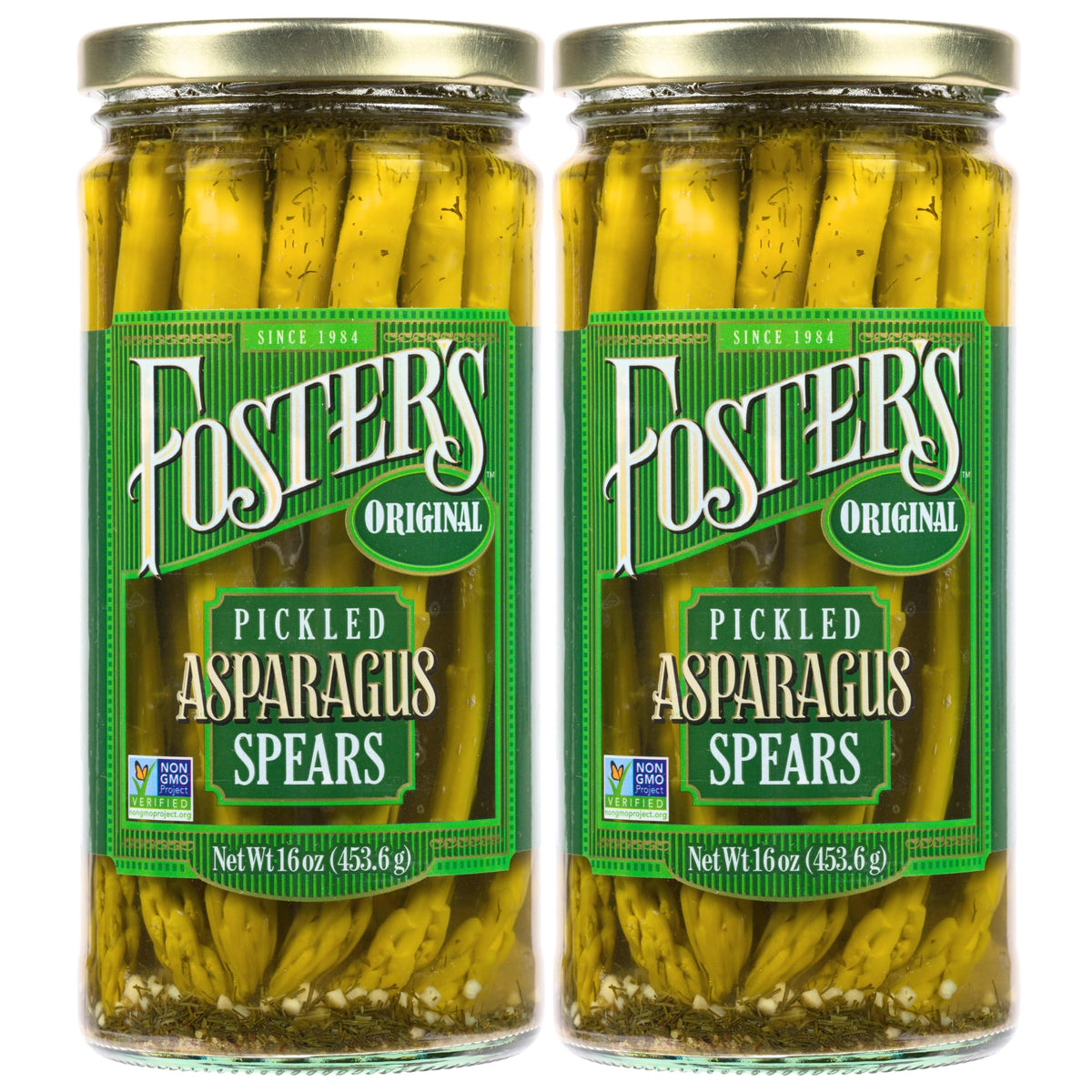 Foster's Pickled Asparagus Spears in a jar, gluten-free, low-calorie snack option