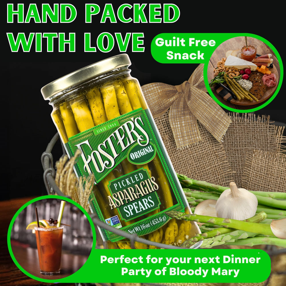 Label close-up of Foster's Pickled Asparagus Spears showing traditional recipe