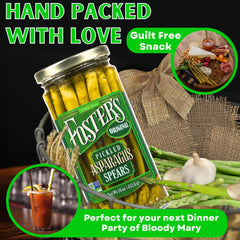 Label close-up of Foster's Pickled Asparagus Spears showing traditional recipe