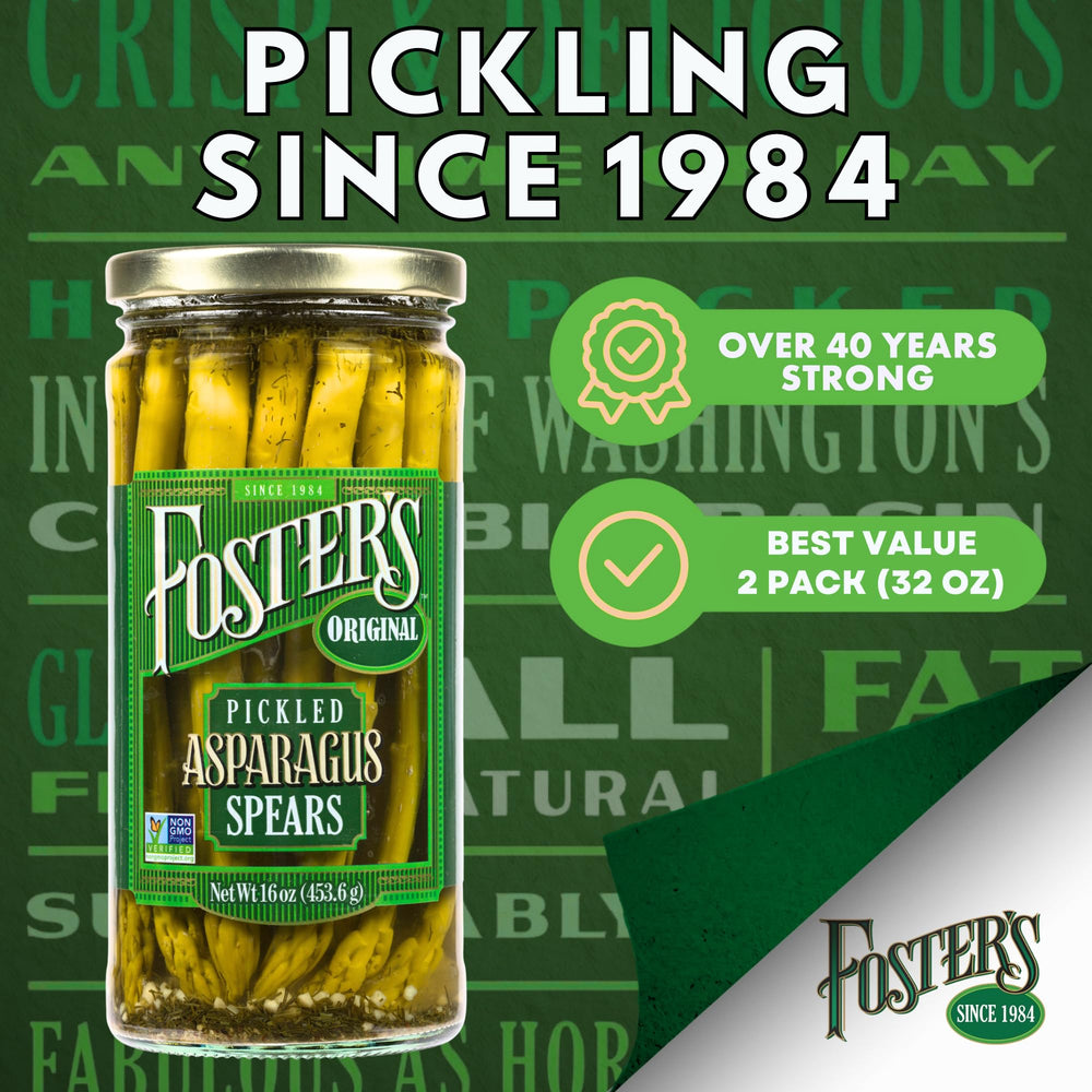 Side view of Foster's Pickled Asparagus Spears in brine