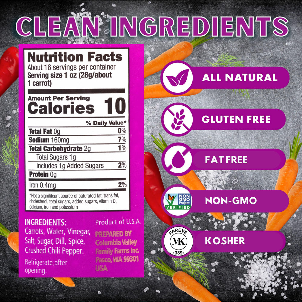 foster's pickled carrots sticks close-up, ideal for a crunchy snack.