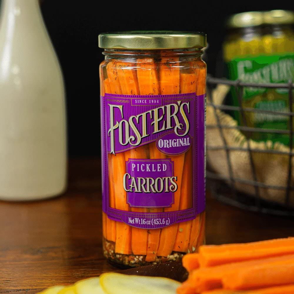 foster's pickled carrots vegan-friendly label, plant-based and dairy-free.