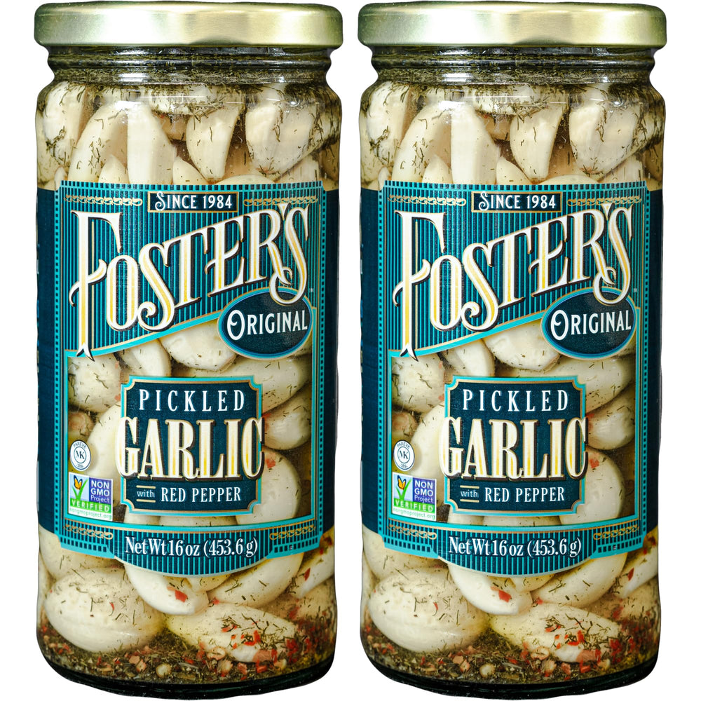 Foster's pickled garlic cloves original 16oz jar 2-pack on shelf for easy snacking