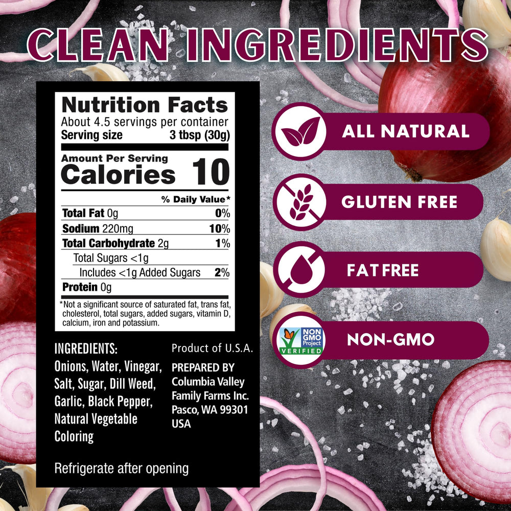 Foster's Pickled Red Onions bottle label close-up, preserves tradition for quick snacking.