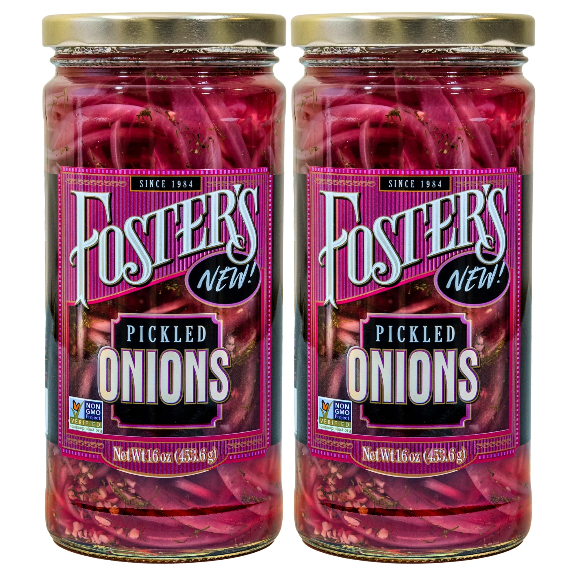 Foster's Pickled Red Onions jar close-up, perfect for enhancing salads with tangy zest.
