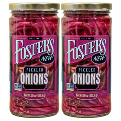 Foster's Pickled Red Onions jar close-up, perfect for enhancing salads with tangy zest.