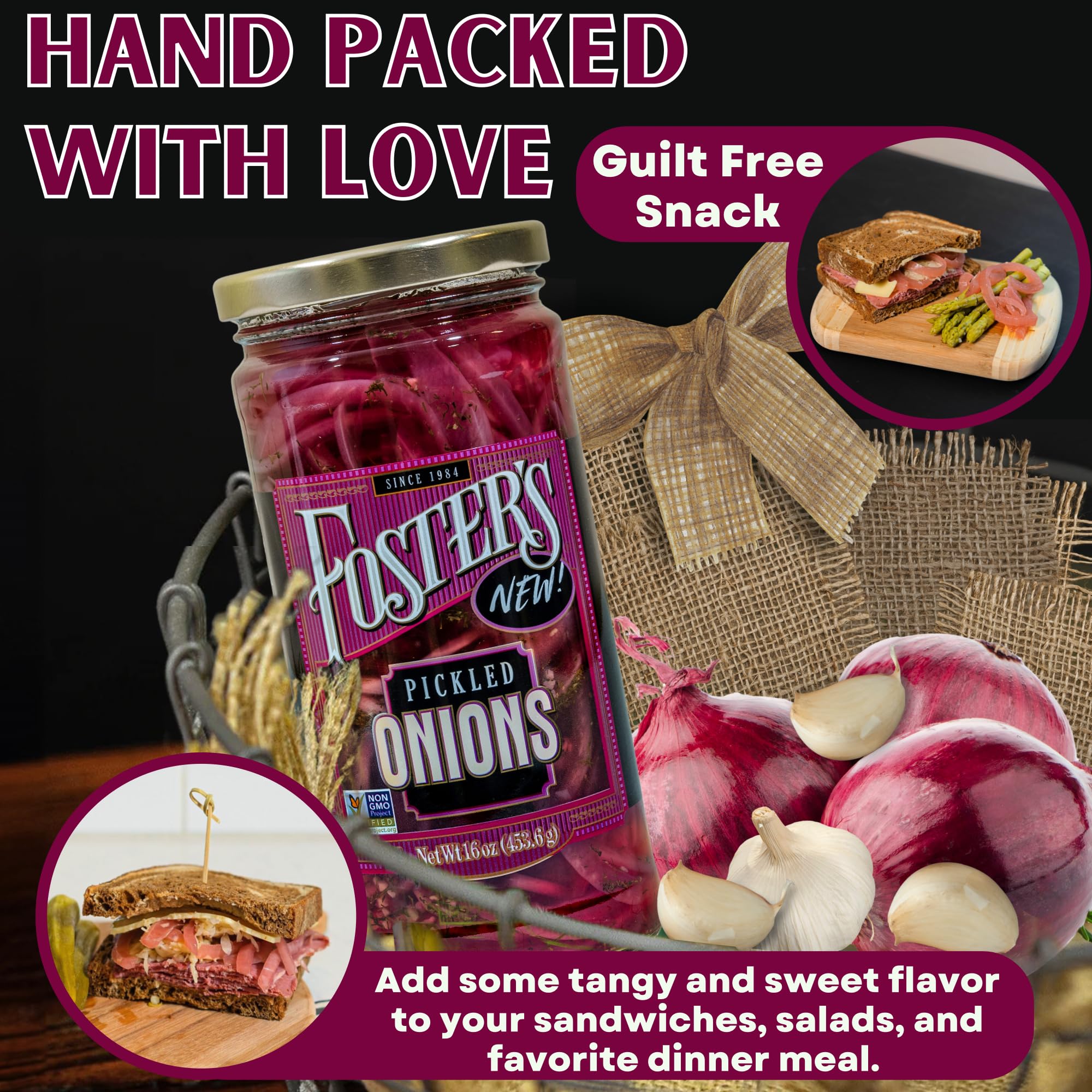 Foster's Pickled Red Onions ingredient jar, ideal pantry staple for easy flavor boosts.