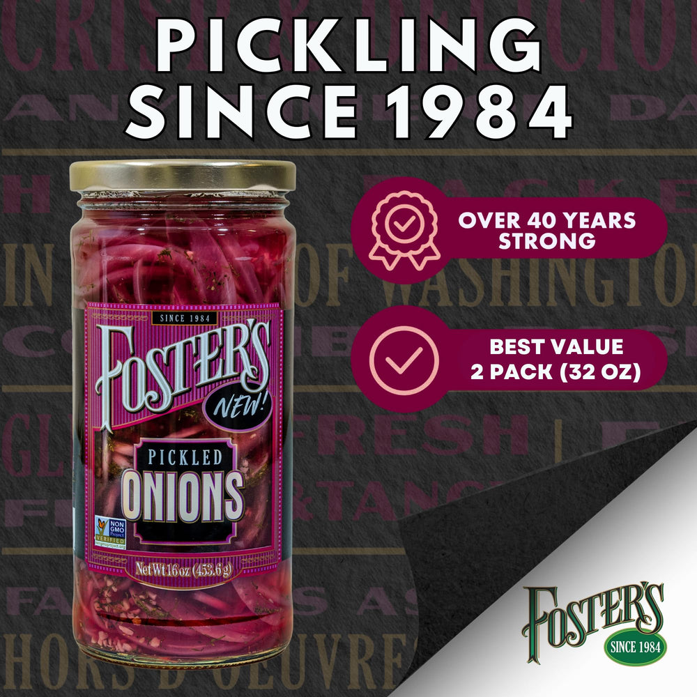 Foster's Pickled Red Onions serving plate, ready to brighten burgers and charcuterie boards.