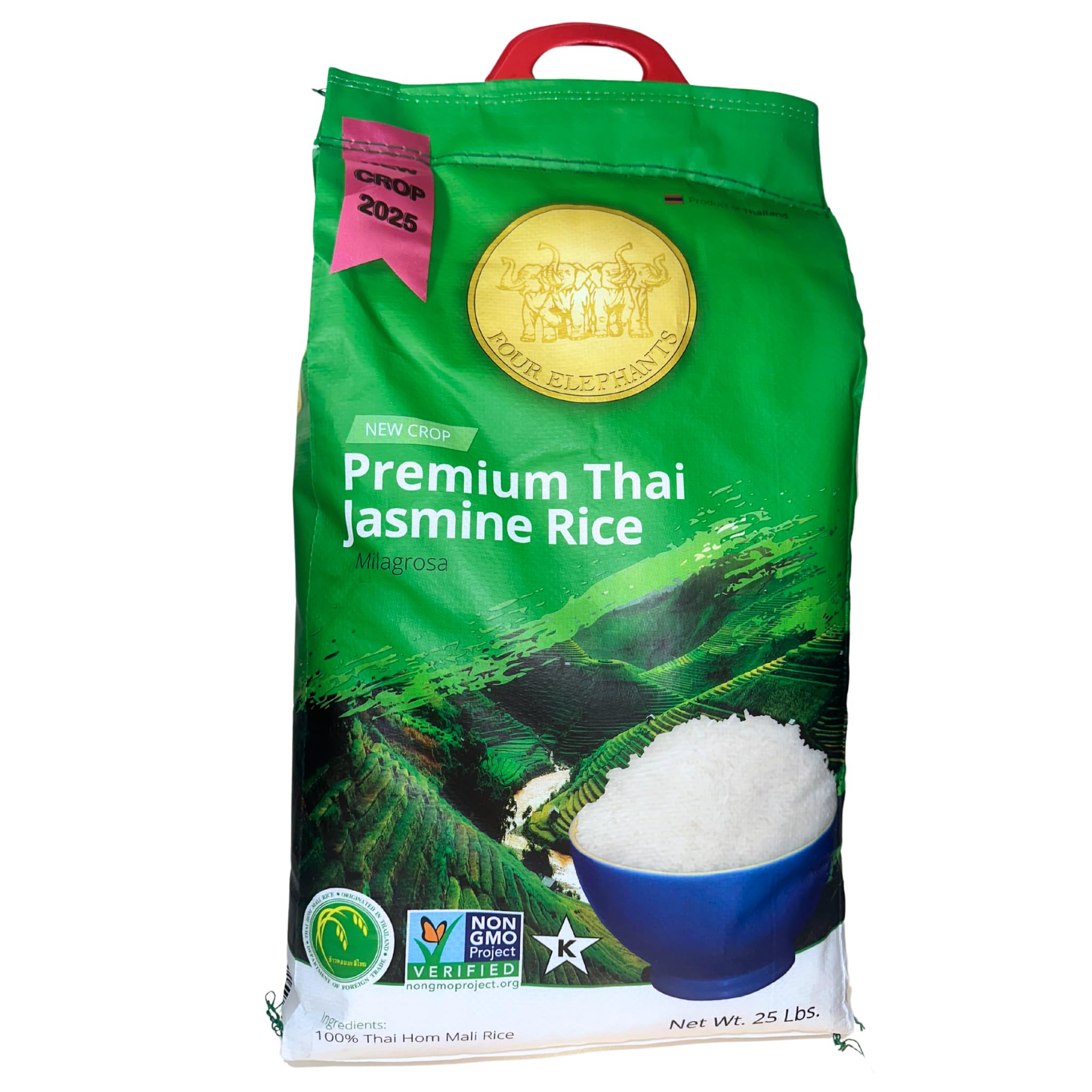 Four Elephants 25lb Thai Jasmine Rice bag with premium long grains.