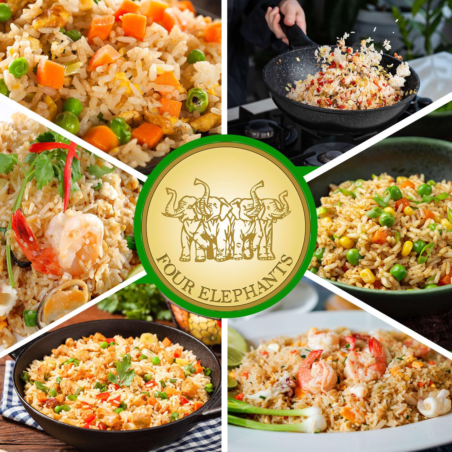 Non-GMO and gluten-free labeling on Four Elephants rice packaging.
