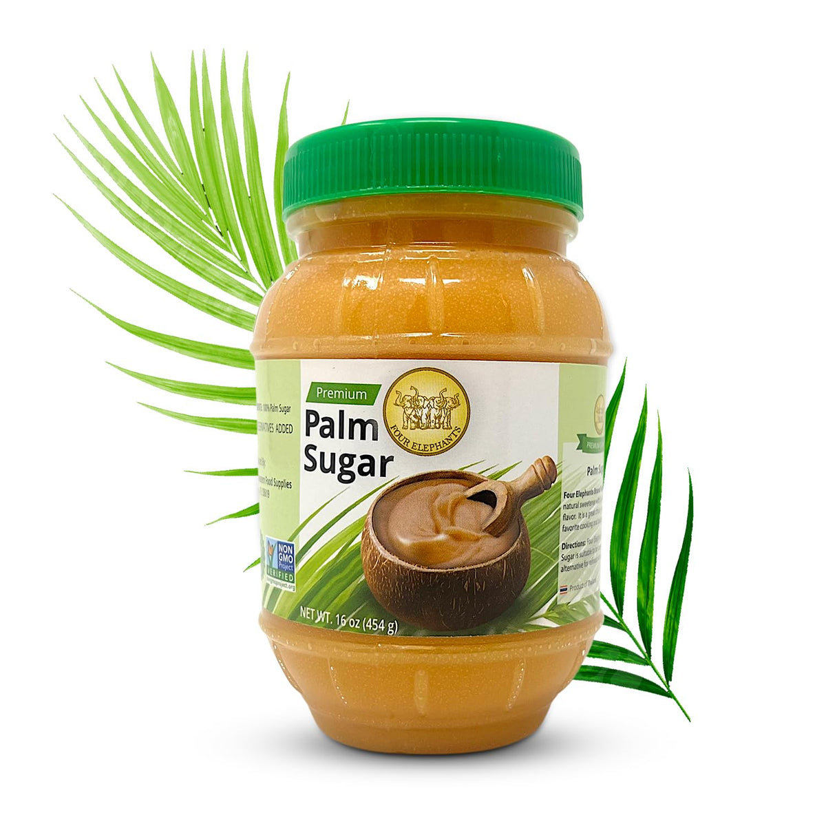 Four Elephants Palm Sugar jar with caramel color, ideal for baking.