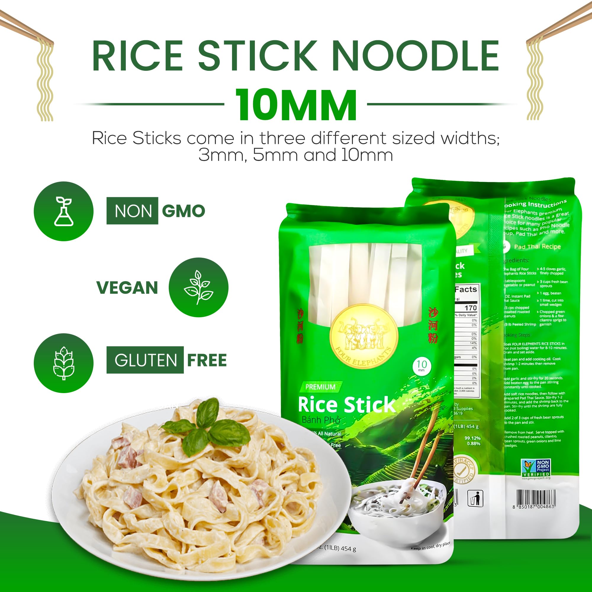 Four Elephants rice sticks close-up texture, silky noodles ideal for sauces