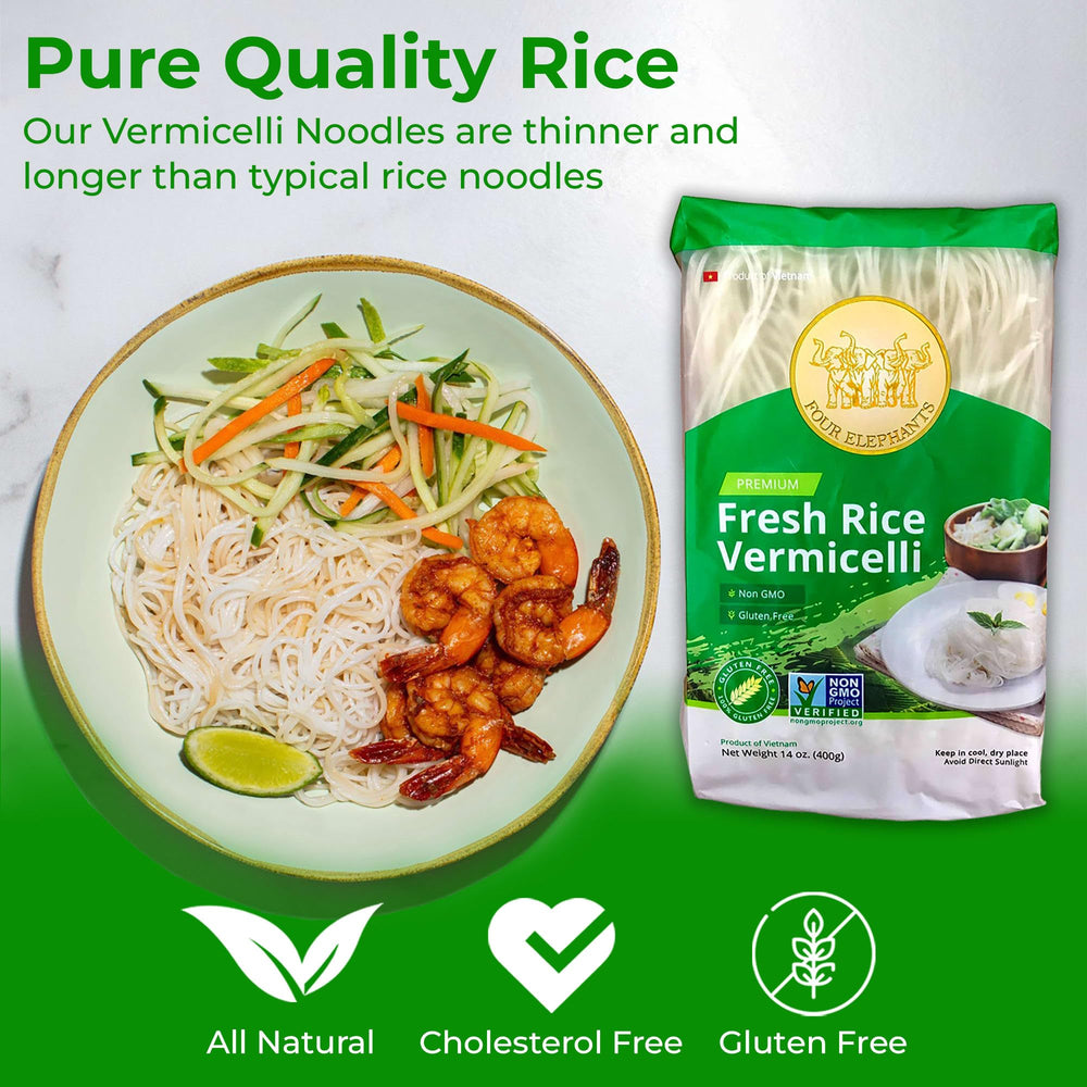 Four Elephants rice vermicelli in a bowl, ideal for pho or stir-fries.