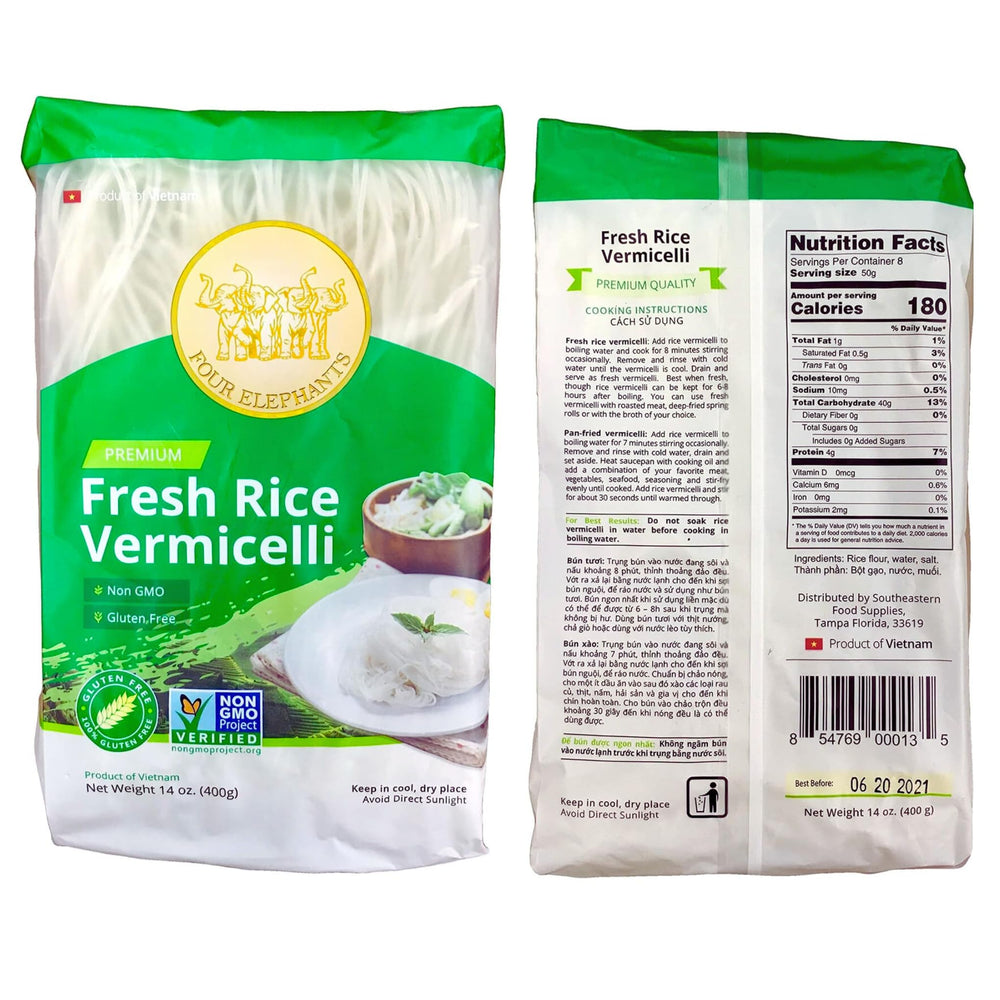 Four Elephants rice vermicelli pack 3x14oz ready for authentic meals.