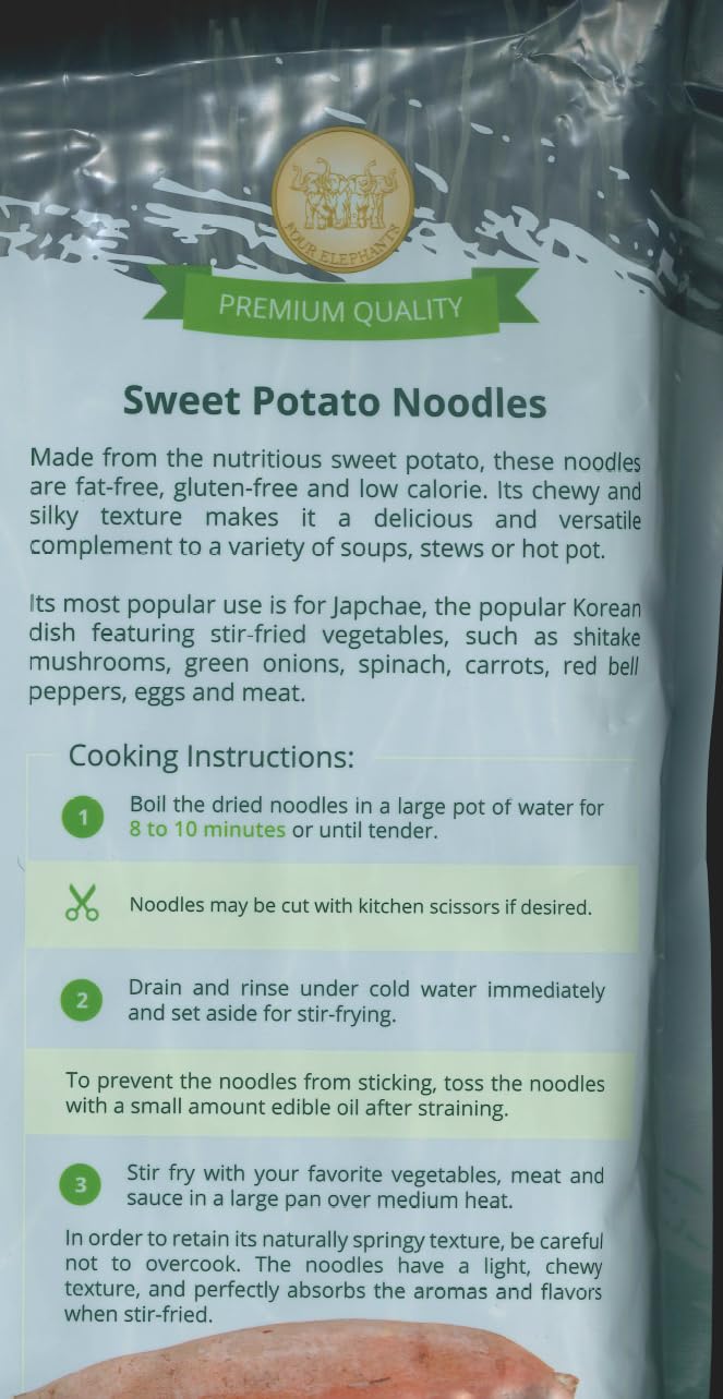 Four Elephants Sweet Potato Noodles in a pan-stir fry showcasing chewy texture and sauce absorption.