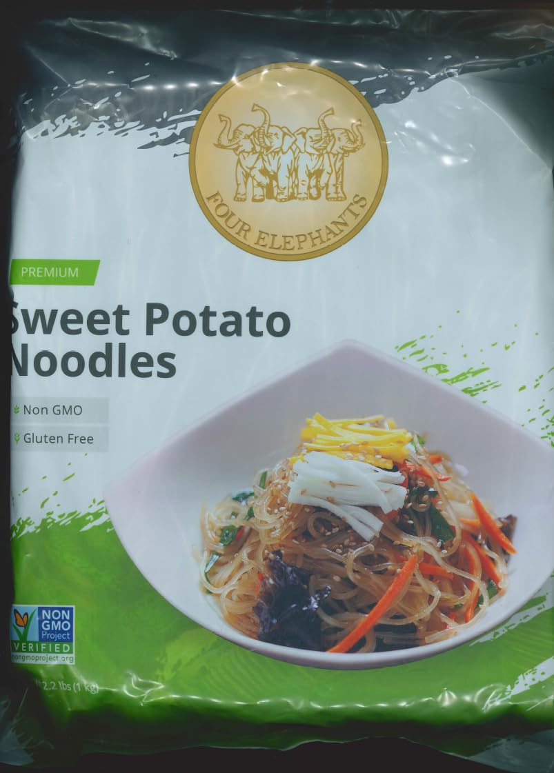 Four Elephants Sweet Potato Noodles ideal for Japchae with glossy strands soaking sauces.