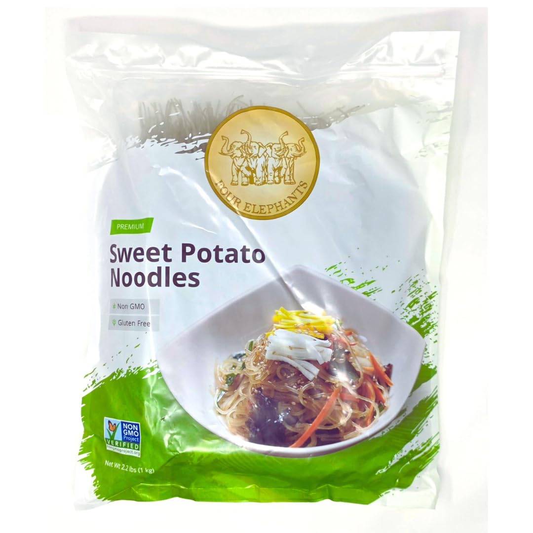 Four Elephants Sweet Potato Noodles packaging highlights gluten-free noodles for versatile meals.
