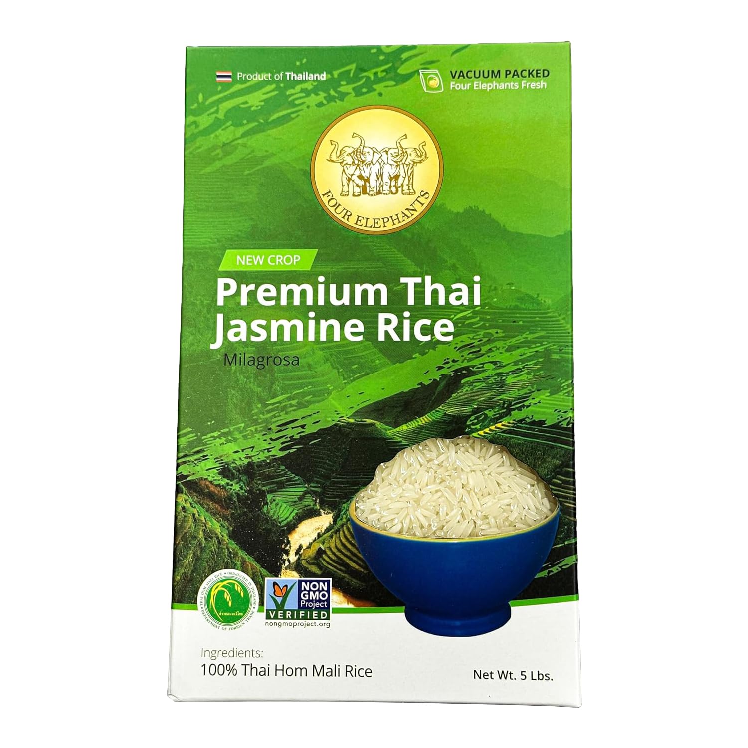 Four Elephants Thai Hom Mali rice packaging highlighting authentic Thai quality.